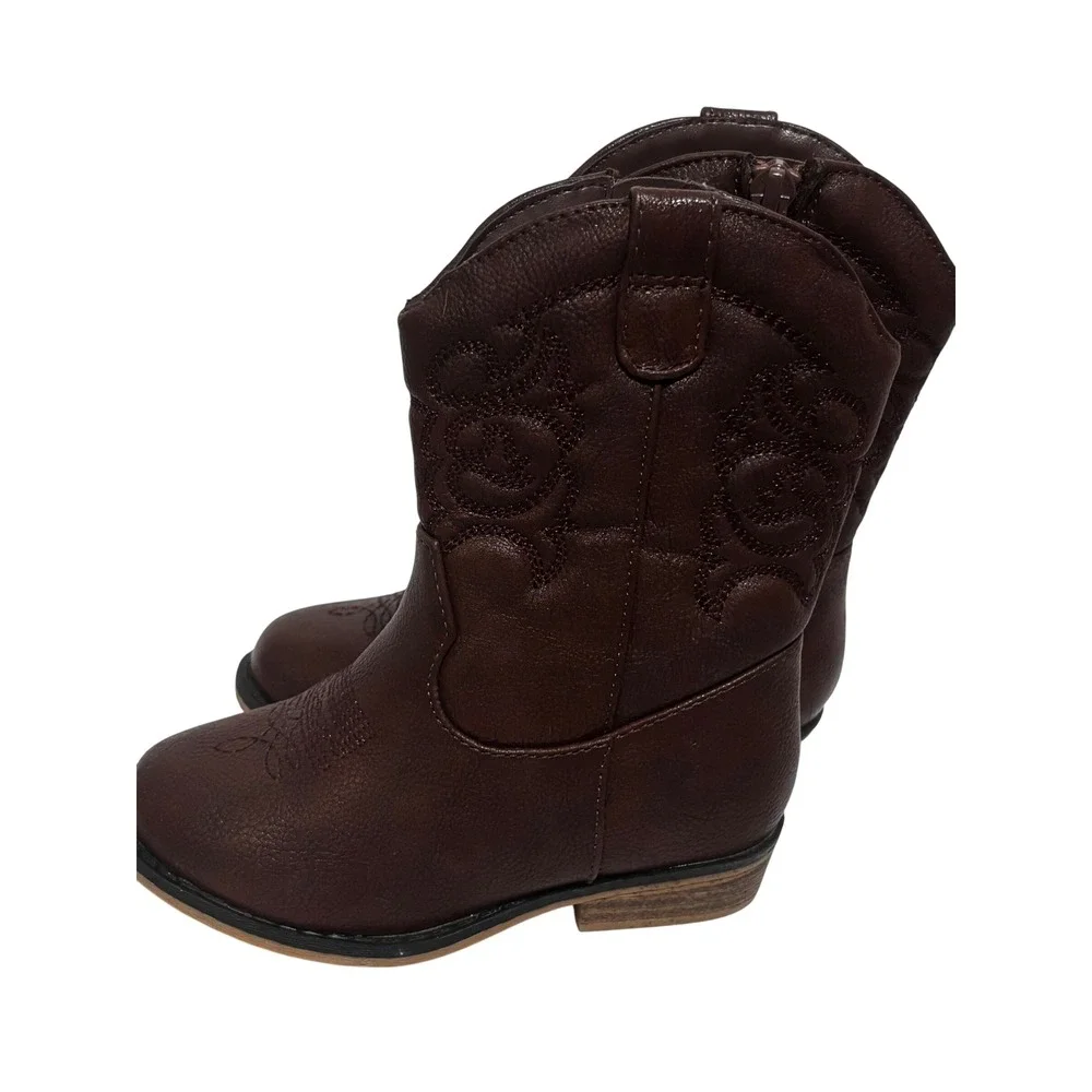 Cat & Jack Toddler Brown Faux Leather Western Cowboy Boots Sz 8 Side Zip boho
